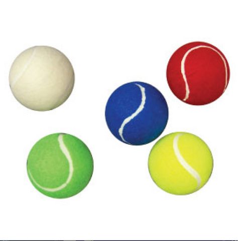 36 coloured tennis balls in bucket